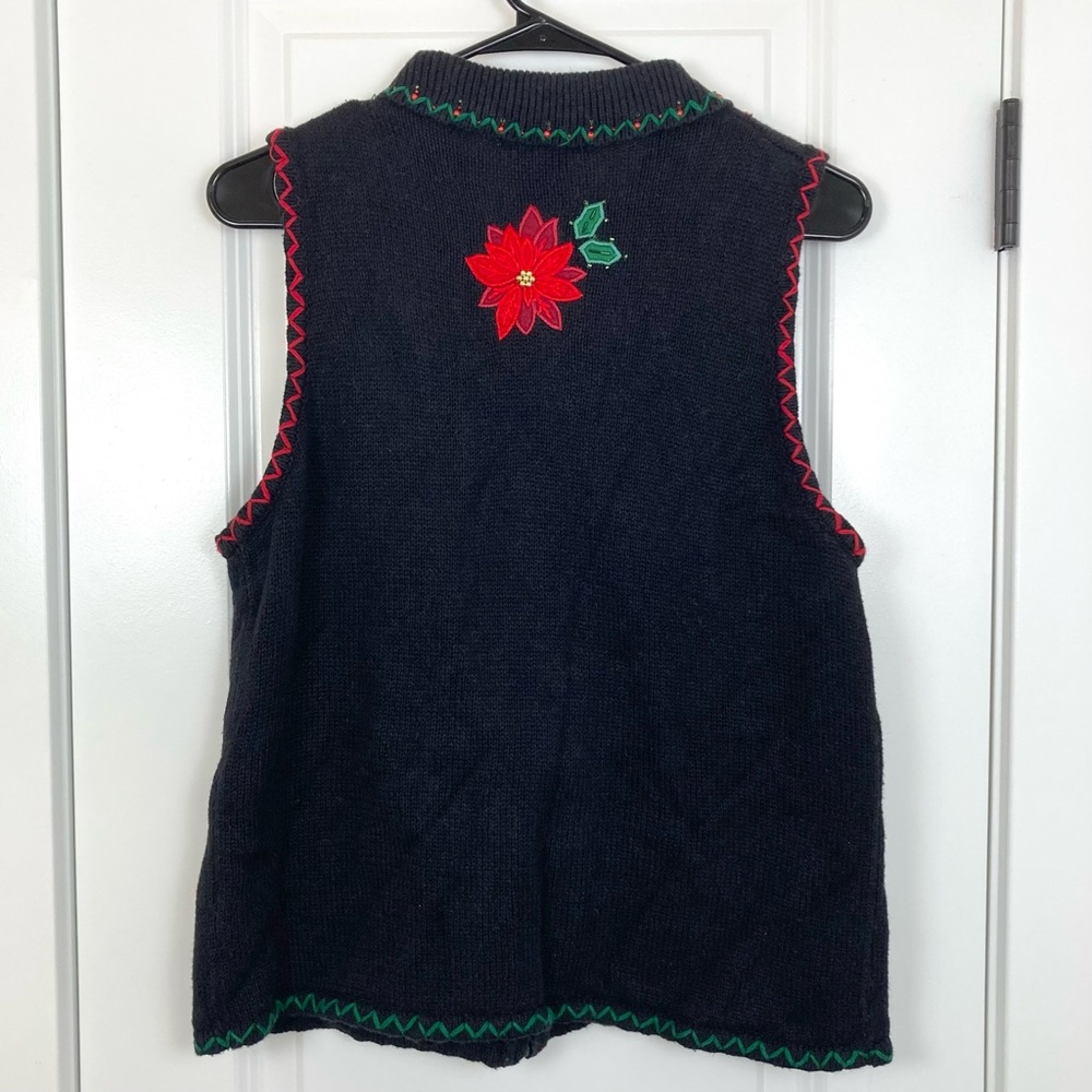 VTG Knit Embroidered Christmas Winter Zip Up Beaded Black Sweater Vest Medium - Picture 4 of 6